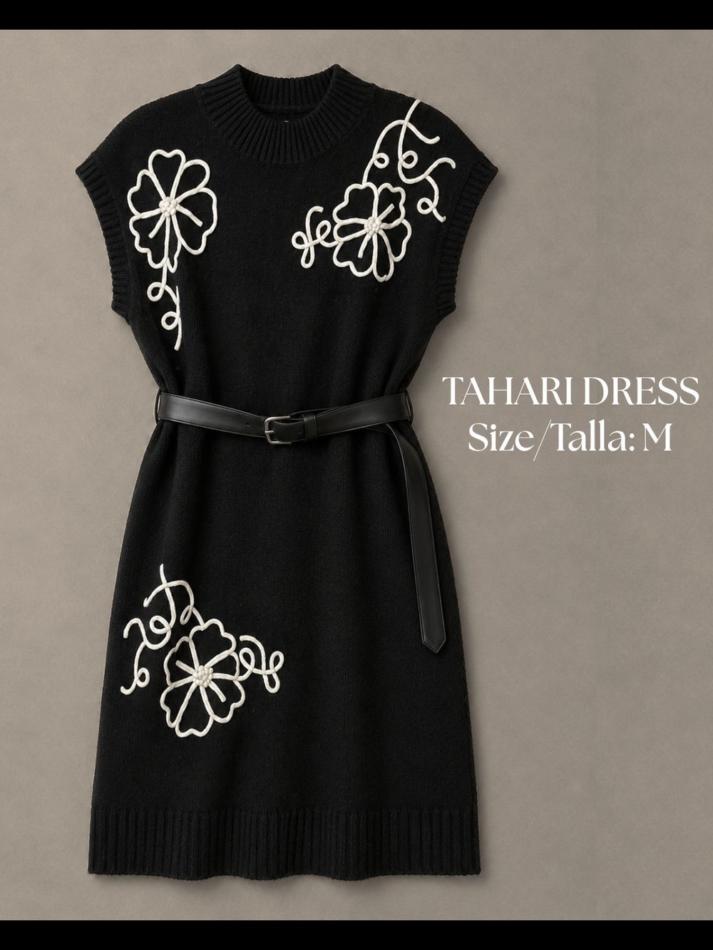 Tahari Black Sleeveless Knit Midi Dress with White Floral Appliqué